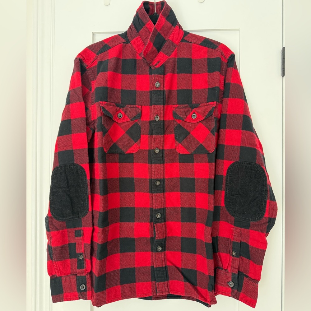 BNWOT Roots Canada Red Black Buffalo Plaid Flannel Shirt Jacket Elbow Patches L